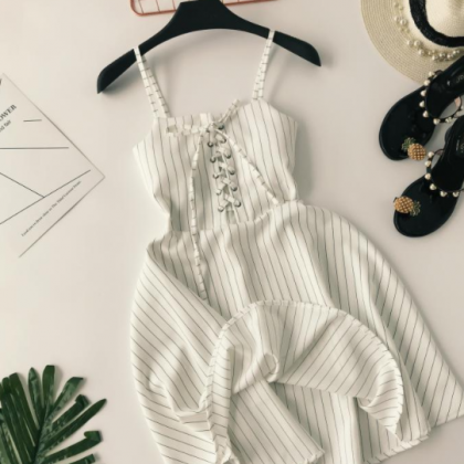 Classic Striped Sling Dress Lacing Up