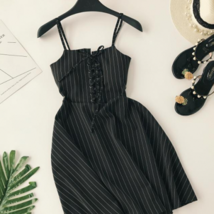 Classic Striped Sling Dress Lacing Up