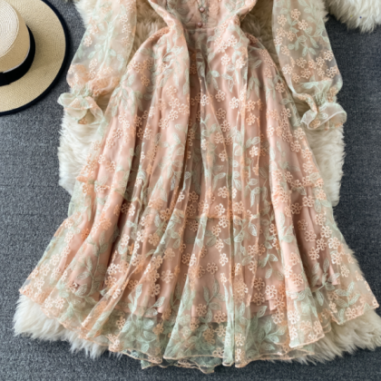 Floral Robe Ruffles Hollow Out Lace Vestidos