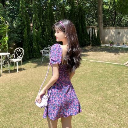 Purple Floral Dress Puff Sleeve Sexy