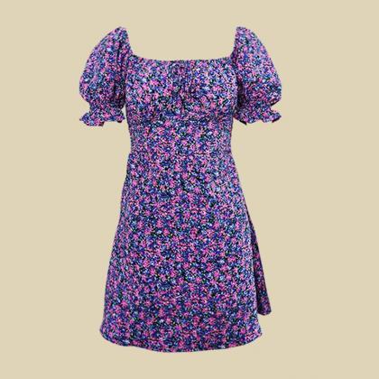 Purple Floral Dress Puff Sleeve Sexy