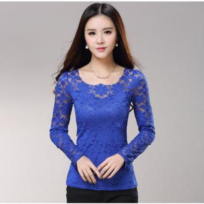 Lace Crochet Blouses Shirts Long Sleeve