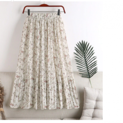 Floral Print Pleated Female Long Skirts