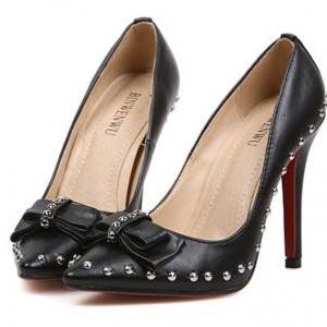 Sexy Black Pointed Toe Rivets Bow Knot Design High..