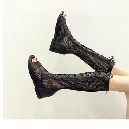 Black Cross Tied Lace Up Mid Long