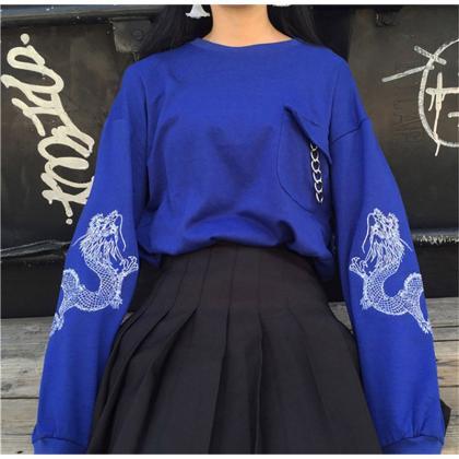 Dragon Embroidery Blue Hoodie Women