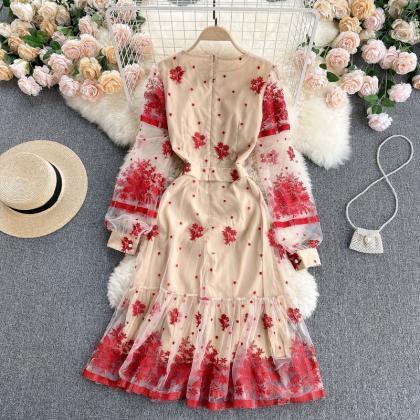 Luxury Women Red Embroidery Mesh Dress