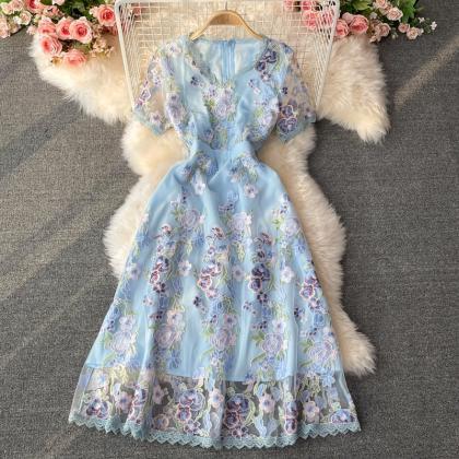 Elegant Embroidery Flower Dress Women