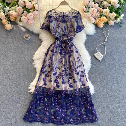Embroidery Floral Short Sleeve Mesh Dress