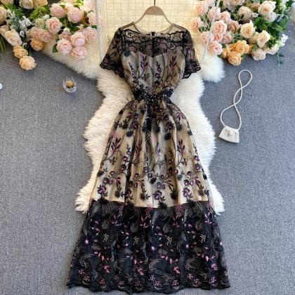 Embroidery Floral Short Sleeve Mesh Dress