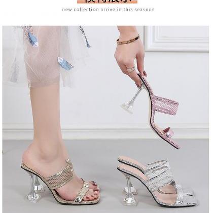 Pink Snake Print Mule Heels Sandals