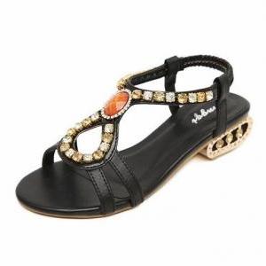 Chic Beaded Black Leather Flat Fashion Sandals