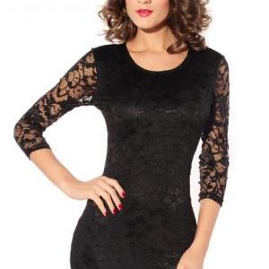 Sexy Back Long Sleeve Lace Dress In Black And..