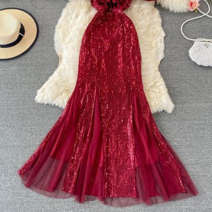 Red Sequined Evening Dress 