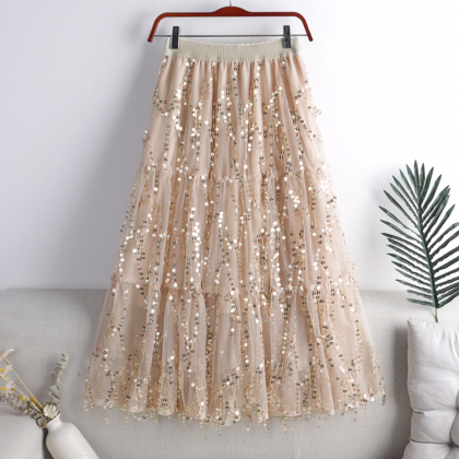 Embroidery Sequined Long Skirt