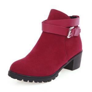 Chunky Heel Buckle Design Red Ankle Boots