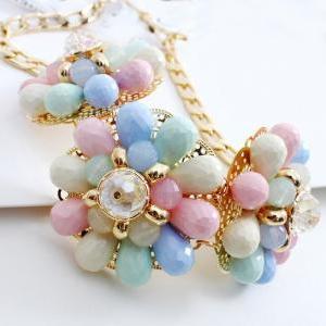 Cute Pastel Crystal Floral Necklace With Gold..