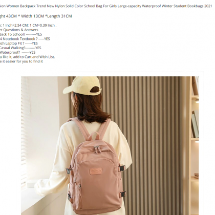 Fashion Women Backpack Trend Nylon Solid Color