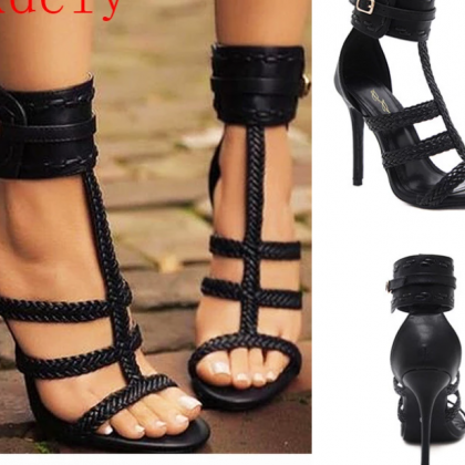 Summer Sandals Women Black Pu Leather T-strap