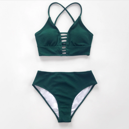 Solid Green Lace Up Bikini Sets Sexy Cut Out..
