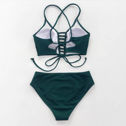 Solid Green Lace Up Bikini Sets Sexy Cut Out..