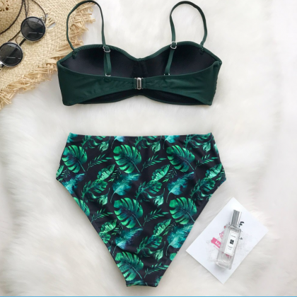 Green Leafy Print Bikini Set Women Heart Neck Push..