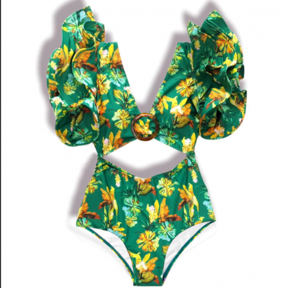 Sexy Ruffle Floral Print One Piece Hollow Out..