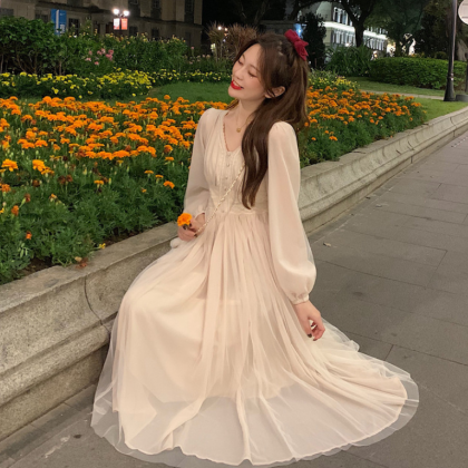 Women Elegant Dress French Solid Long Sleeve Fairy..