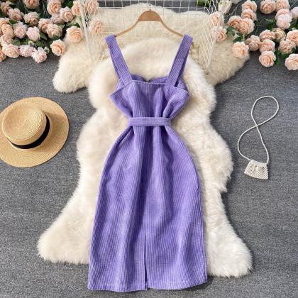 Women Vintage Purple Corduroy Dress Casual Spring..