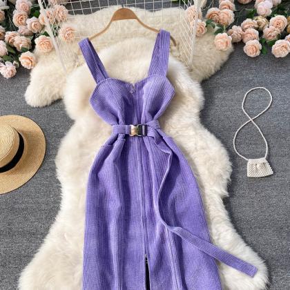 Women Vintage Purple Corduroy Dress Casual Spring..