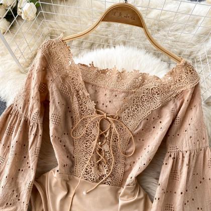 Hollow Lace Rompers V Neck Long Sle..