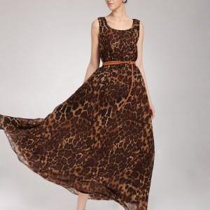 Leopard Print Chiffon Maxi Dress With Belt