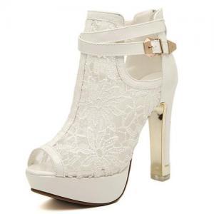 White Lace Design Chunky Heel Peep Toe Fashion..