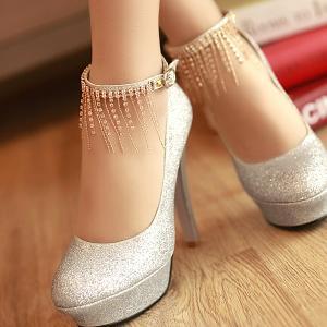 Stiletto High Heels Silver Pu Party Ankle Strap..
