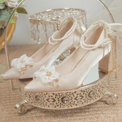 Flowers And Pearls Ankle Strap Wedding Shoes