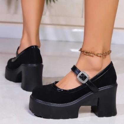Black Chunky Heel Crytal Straps Shoes