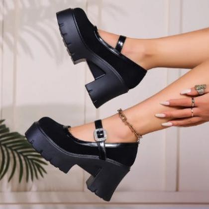 Black Chunky Heel Crytal Straps Shoes