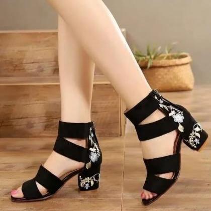 Floral Embroidery Black High Heels..