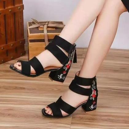 Floral Embroidery Black High Heels..