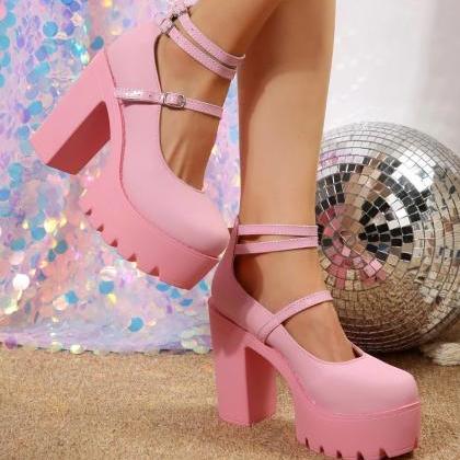 Pink And Black Chunky Heeled Ankle Strap Pumps