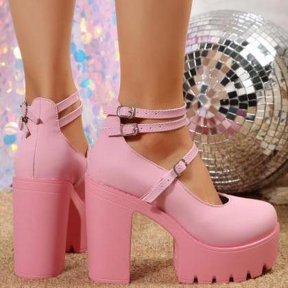 Pink And Black Chunky Heeled Ankle Strap Pumps