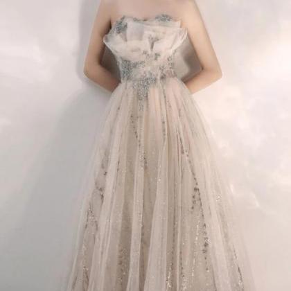 Elegant Strapless Floral Sequin Lace Up Prom Dress