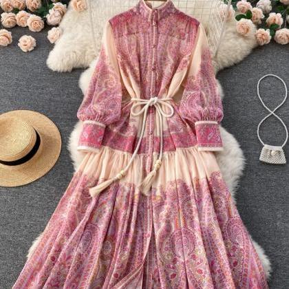 Floral Belted Retro Print Pink Maxi Dress