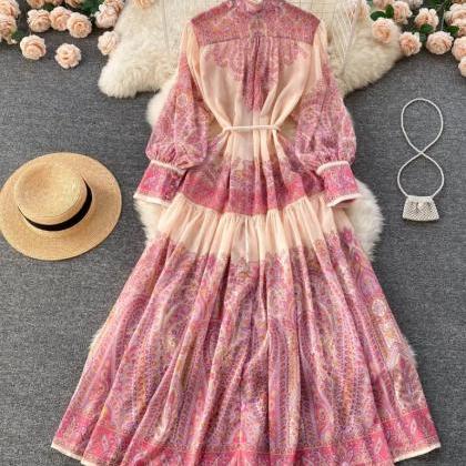 Floral Belted Retro Print Pink Maxi Dress
