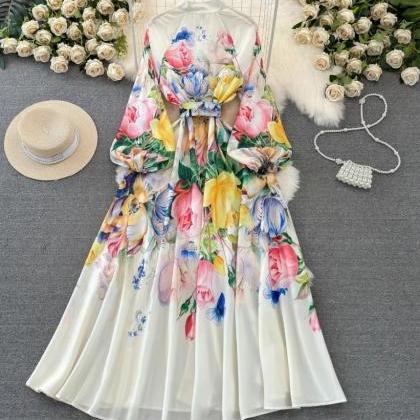Elegant Tulip Floral Long Sleeve Maxi Dress