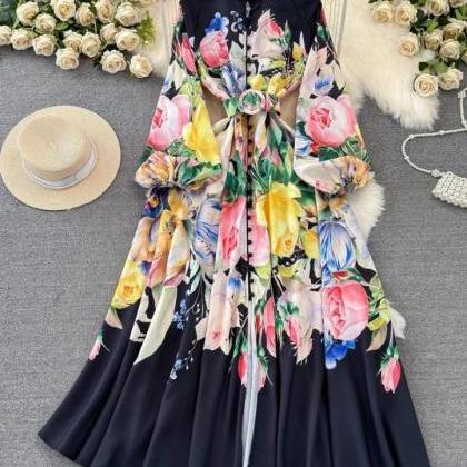 Elegant Tulip Floral Long Sleeve Maxi Dress