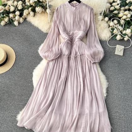 French Luxury Puff Sleeve Pleated Party Dress
