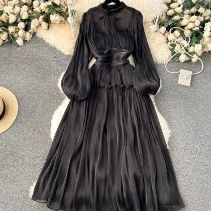 French Luxury Puff Sleeve Pleated Party Dress