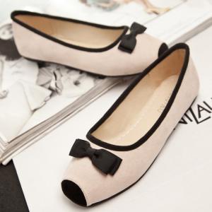 Beige Square-toe Bow Accent Ballerina Flats Shoes