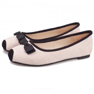 Beige Square-toe Bow Accent Ballerina Flats Shoes